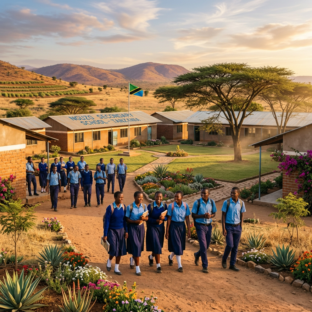 Students walking and socializing at Nguzo Secondary School in Tanzania with school buildings and flagpole