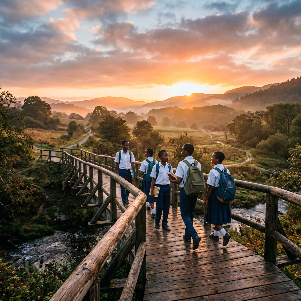 Five hikers walking on a wooden bridge over a stream during sunrise in a hilly landscape