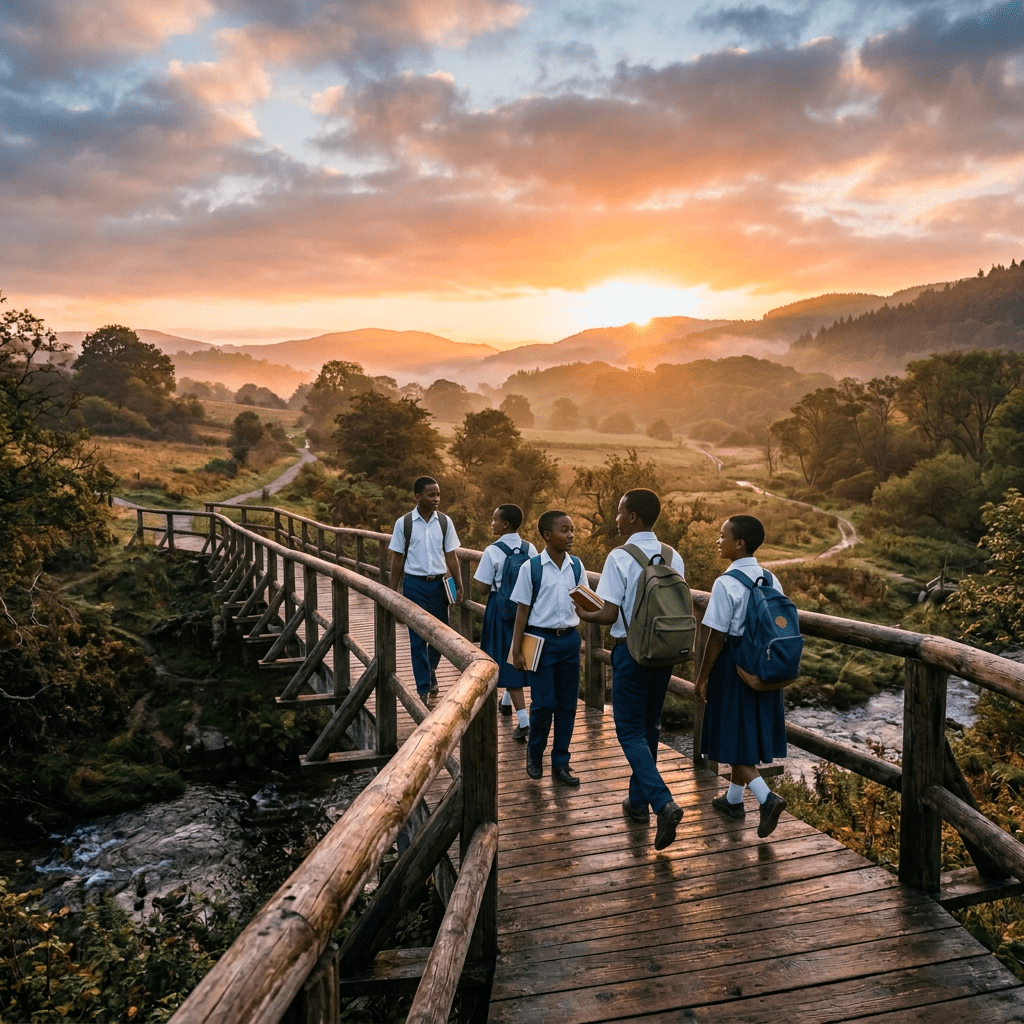 Five hikers walking on a wooden bridge over a stream during sunrise in a hilly landscape