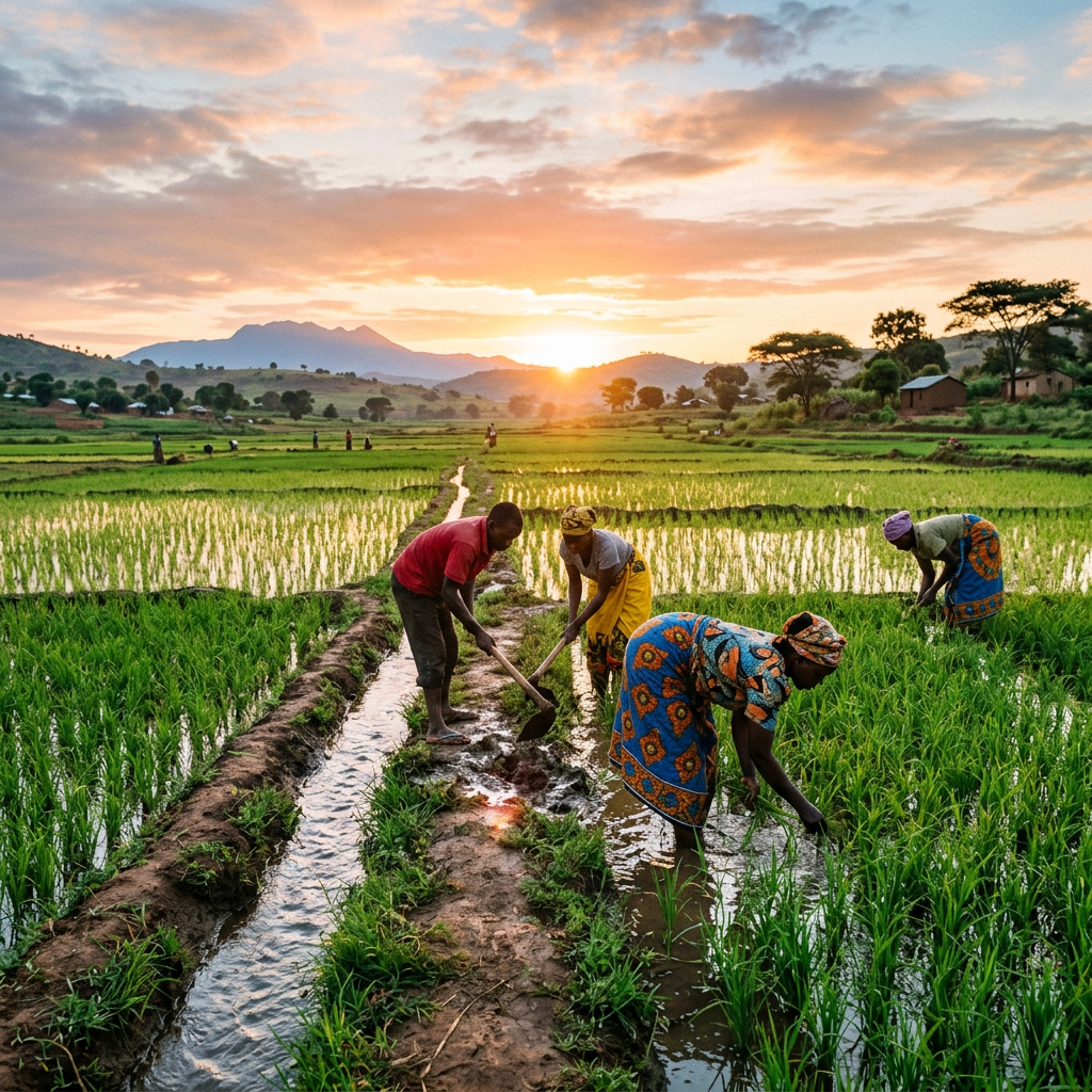 Farmers tending rice paddies in flooded fields during sunset