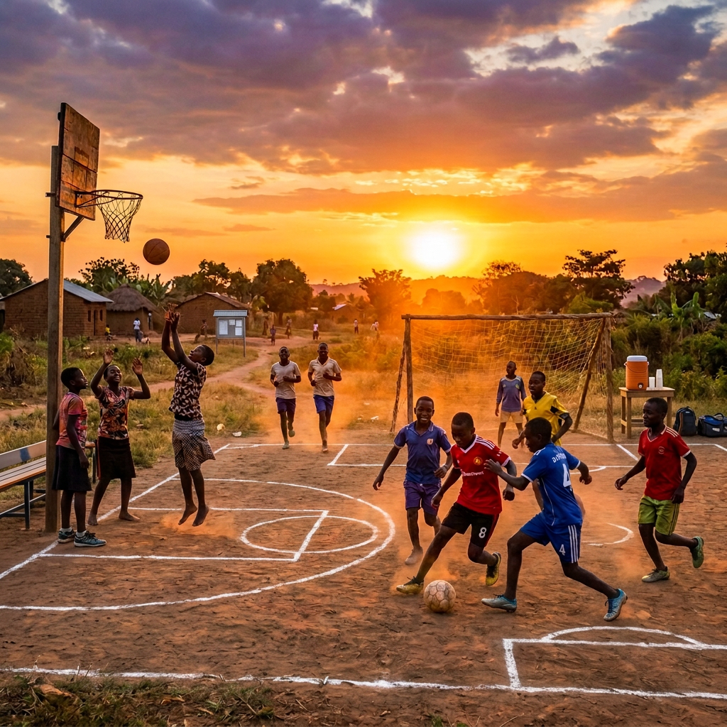 Children playing basketball and soccer outdoors on a dirt field at sunset