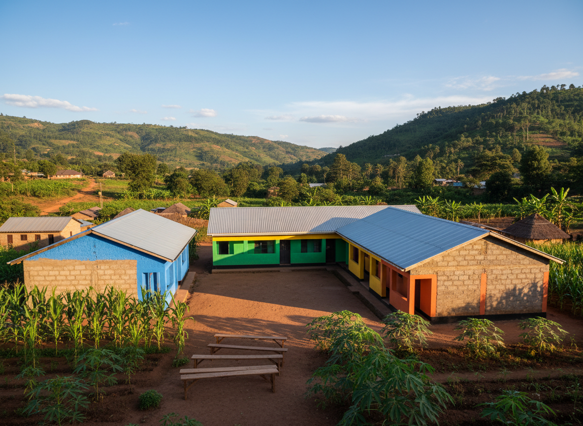 A cluster of sturdy, brightly painted community buildings made from textured concrete and corrugated metal roofs, surrounded by lush green Tanzanian hills under a clear blue sky. 