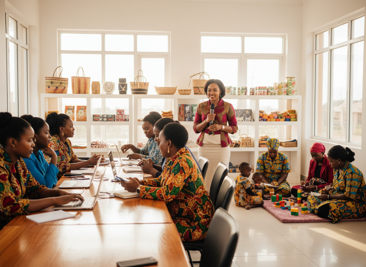 A powerful, inspiring scene of confident, beautiful Tanzanian women of diverse ages (18-35) gathered together in an empowerment workshop setting. Some women are using smartphones and laptops for digital skills training, others are engaged in lively business discussions around a clean modern table. A strong, elegant woman leader stands confidently at the front facilitating the session. In the background, shelves display small business products — handmade crafts, fabrics, and packaged goods — representing women-owned businesses. Another corner shows women in a savings group, counting money and keeping records in notebooks. The women are dressed in colorful, beautiful Tanzanian attire — kangas and modern professional clothing blended together. Bright, clean, modern community center with large windows, natural light streaming in. Expressions of joy, confidence, determination, and sisterhood. Some women have children nearby, representing single mothers. The atmosphere radiates economic independence, entrepreneurship, leadership, and community upliftment. Photorealistic, cinematic quality, warm vibrant colors, highly detailed, deeply inspirational and uplifting mood.