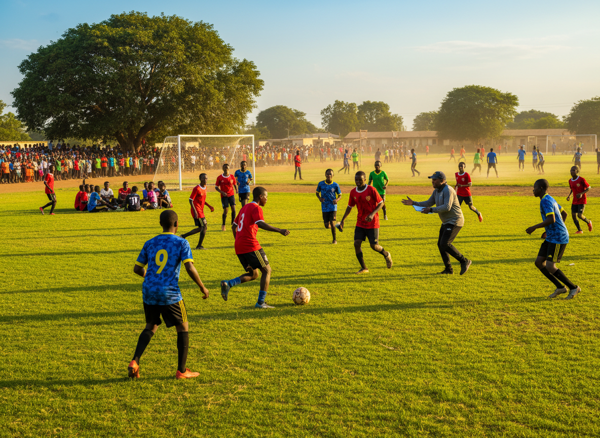A breathtaking, energetic and uplifting sports scene in Tanzania — a large group of beautiful, vibrant Tanzanian youth (ages 12-35, mixed boys and girls) actively playing football on a well-maintained green grass pitch, with netball and athletics happening in the background. Players are wearing colorful sports uniforms, full of energy, joy, and athletic excellence. A confident coach with a clipboard stands on the sideline motivating and guiding young athletes. In one corner, a small group of youth sit in a circle for a life-skills leadership session under a shady tree. The setting is a well-organized community sports facility with clean surroundings, proper goalposts, and a vibrant, energetic crowd of fellow youth cheering. Golden late-afternoon sunlight casting a warm cinematic glow over the entire scene. Clear blue sky. Faces radiate determination, teamwork, confidence, and joy. The atmosphere captures raw talent being discovered, community bonds forming, and a generation rising above challenges through sport, discipline, and mentorship. Photorealistic, cinematic quality, dynamic and action-packed, deeply inspirational, vibrant colors.