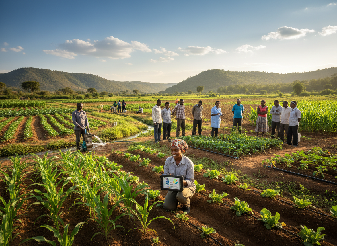 A stunning, cinematic scene of climate-smart sustainable agriculture in rural Tanzania — beautiful, hardworking Tanzanian smallholder farmers (men, women, and youth) working together across a lush, thriving green farmland with well-organized crop rows of maize, vegetables, and legumes. In the foreground, a confident woman farmer examines healthy crops with a tablet in hand displaying agricultural data. Nearby, a group of farmers receive training from an agricultural extension officer pointing at a demonstration plot. Modern drip irrigation systems and water channels run efficiently through the fields. A man operates a small water pump connected to a nearby stream. Rich, deep green fertile soil and vibrant crops stretch into the distance. In the background, rolling Tanzanian hills under a vast blue sky with soft white clouds. The atmosphere radiates productivity, innovation, food security, climate resilience, and hope. Warm golden afternoon light casting long beautiful shadows across the farmland. The scene blends traditional farming wisdom with modern agricultural technology — improved seeds, soil conservation terraces, and irrigation tech all visible. Photorealistic, cinematic quality, vibrant earthy greens and warm tones, deeply inspirational and uplifting mood.