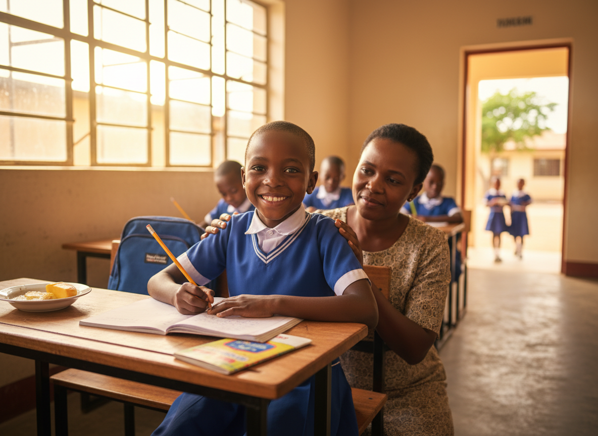 A deeply moving, heartwarming, and uplifting scene — a beautiful Tanzanian child (around 8-10 years old) in a clean, neat school uniform, sitting at a school desk with a bright, radiant smile that fills the frame with pure joy and hope. The child holds an open exercise book and a pencil, ready to learn. Warm golden sunlight streams through a classroom window illuminating the child's face. Around the child, subtle visual storytelling: a nutritious meal on the desk, a backpack hanging on the chair, a healthcare booklet, and a mentor teacher kneeling beside them with encouragement. In the soft background, other uniformed children are happily studying and playing in a clean school compound. The atmosphere radiates innocence, potential, hope, resilience, and the transformative power of education and compassionate support. The child looks directly at the viewer with warm, soulful eyes that convey both vulnerability and immense strength — a powerful connection that inspires action. Photorealistic, cinematic quality, warm golden tones, emotionally resonant, deeply compassionate and inspiring mood. No poverty imagery — dignified, hopeful, and beautiful.