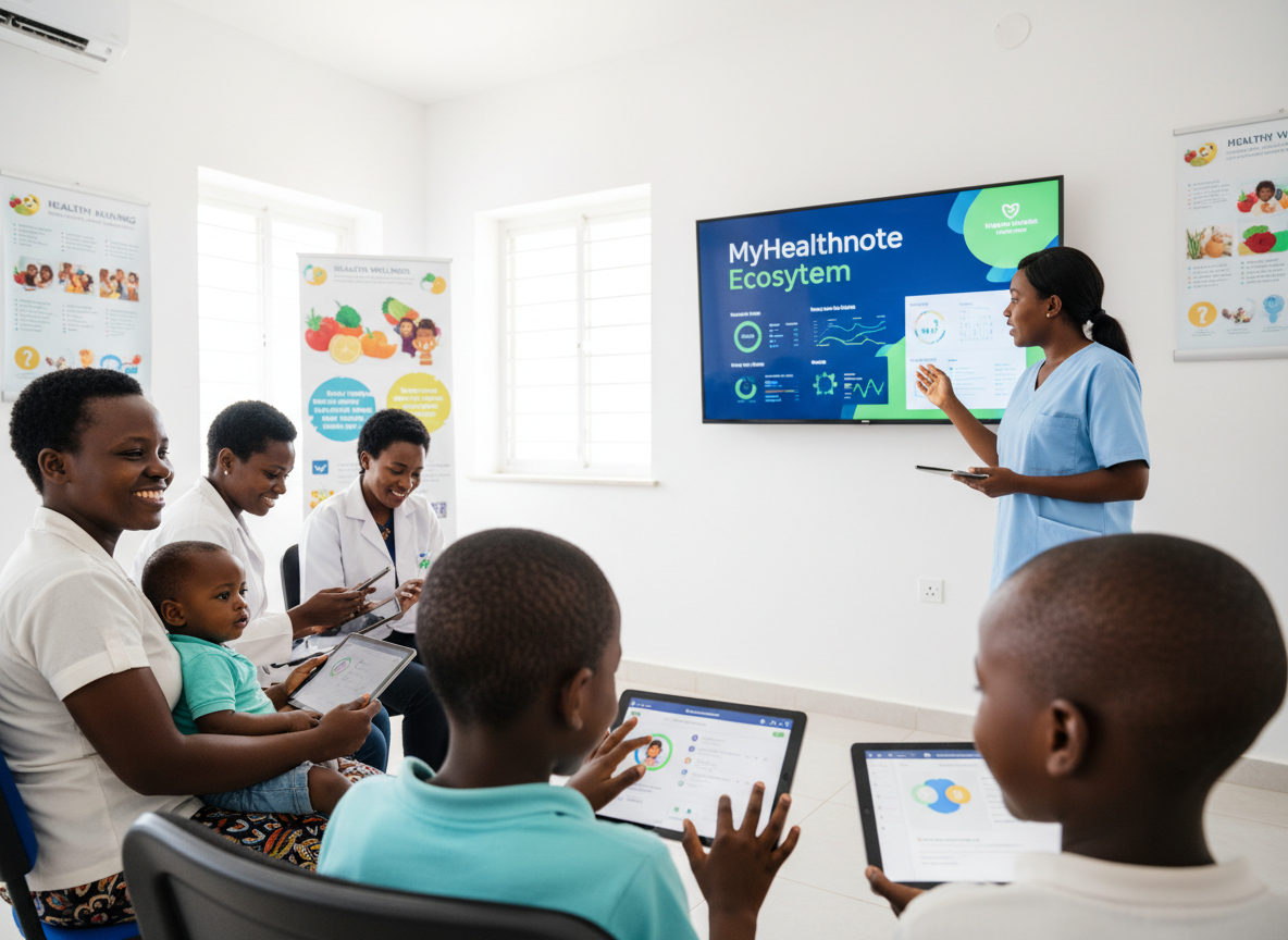 A vibrant, modern digital health training scene in Tanzania — beautiful Tanzanian children and caregivers (mothers, grandmothers, and youth) gathered together in a bright, clean community health training center. They are comfortably using smartphones and tablets displaying a digital health app interface with the text "MyHealthnote Ecosystem" clearly visible on a large screen display at the front of the room. A confident health trainer points to the screen showing health tracking dashboards, vital signs charts, and AI health tools. Children are excitedly using tablets to track health data and interact with digital health profiles. A mother sits with her child, both looking at a smartphone showing telehealth features and peer support community screens. In another corner, a caregiver learns to record daily health statuses with a health worker guiding them. The room is modern and welcoming — clean walls, good lighting, colorful health education posters. The atmosphere radiates empowerment, digital literacy, family wellness, and the seamless connection between technology and healthcare. Faces show curiosity, confidence, and joy. Photorealistic, cinematic quality, clean bright whites and vibrant health blues and greens, deeply inspiring and forward-looking mood. The words "MyHealthnote Ecosystem" are displayed prominently and legibly on the digital screen in the background.